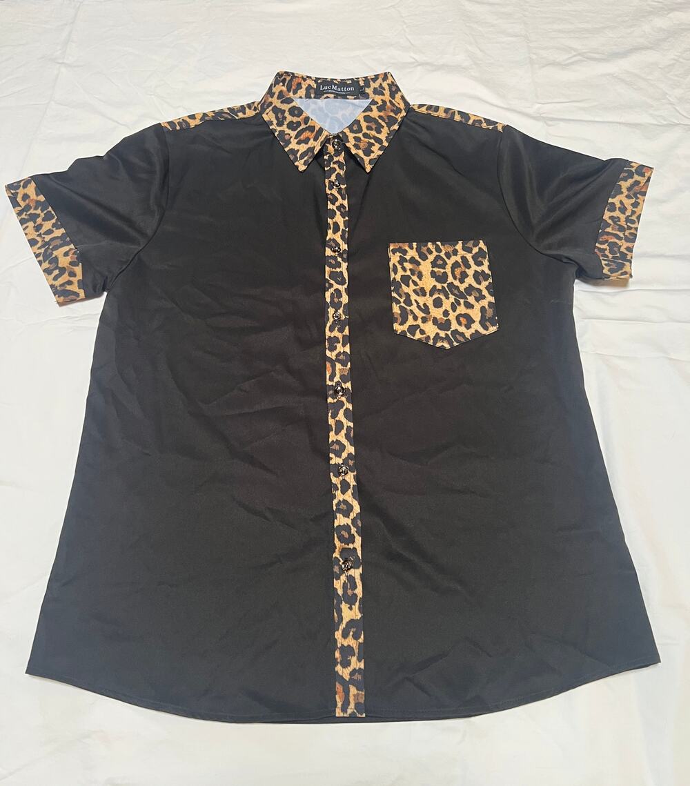 Luc Matton Mens Black Leopard Print Short Sleeve Button Up Shirt Animal Print